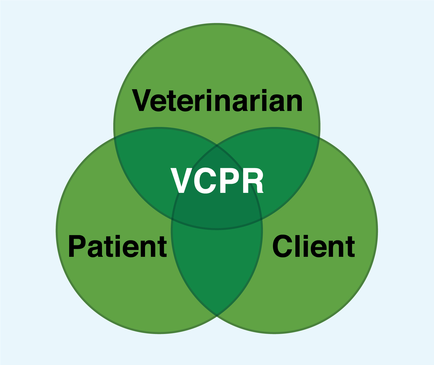 Venn-diagram with 3 circles: Veterinarian, Patient, Client. In the middle: VCPR