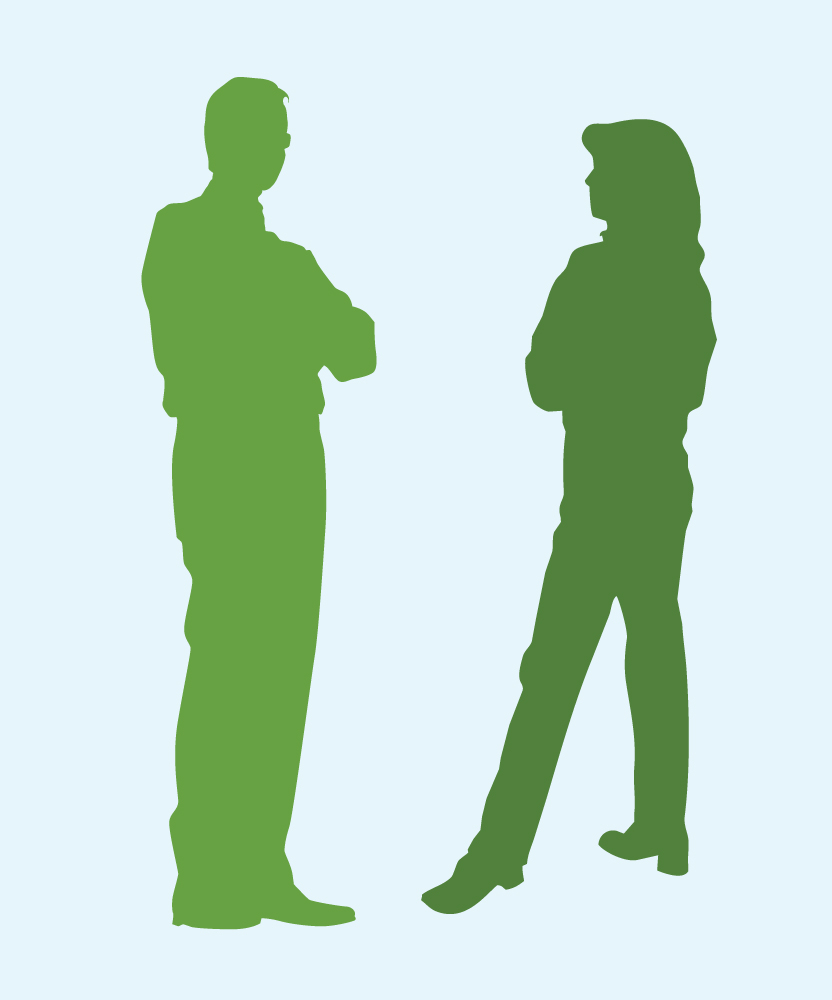 silhouettes of 2 people demonstrating closed-off body language: the arms folded