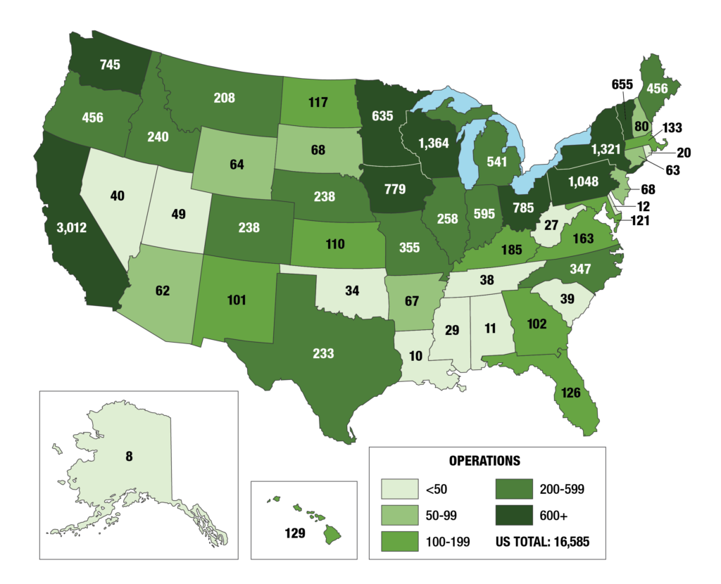 Map of number of organic farms by state.
