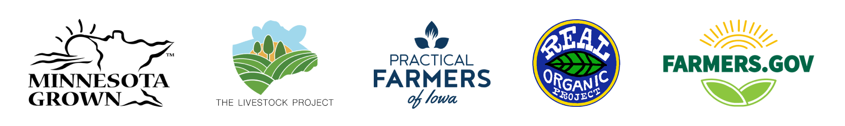 Logos for Minnesota Grown, The Livestock Project, Practical Farmers of Iowa, Real Organic Project, and Farmers.gov