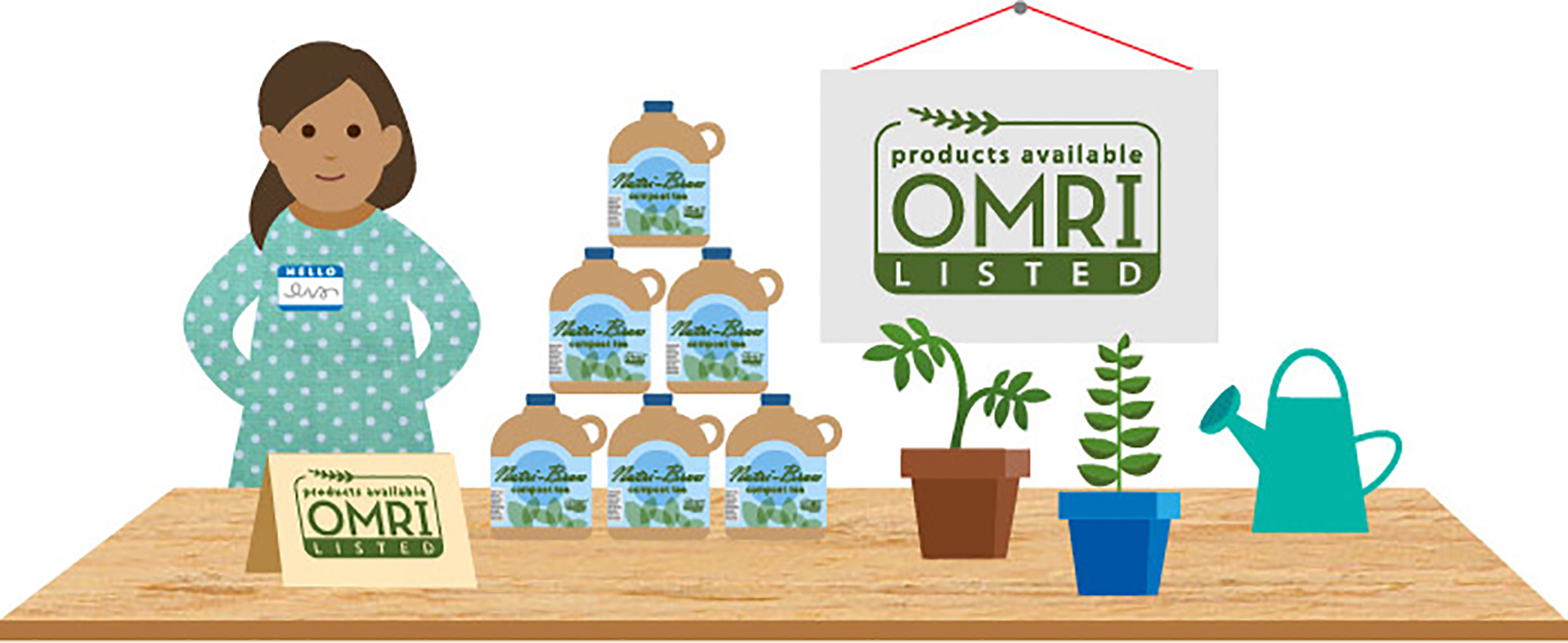 Graphic of a vendor standing at a table with product and a sign saying "OMRI Listed products available"
