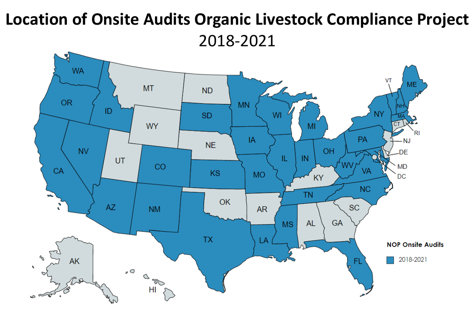 United States map showing location of onsite audits Organic Livestock Project Compliance from 2018 to 2021