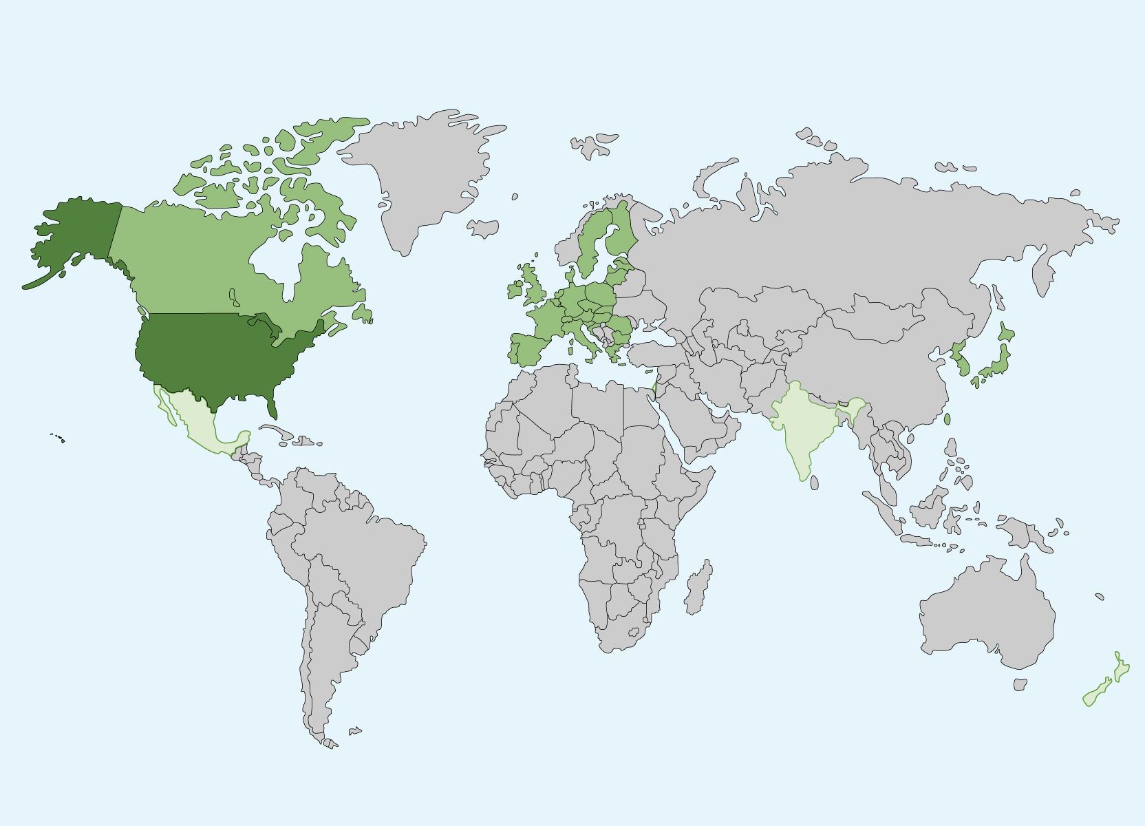 Shaded world map graphic showing which countries the U.S. allows import and export to for certified organic agricultural products